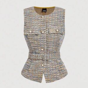Sleeveless Tweed Belted Peplum Blouse in Multicolor